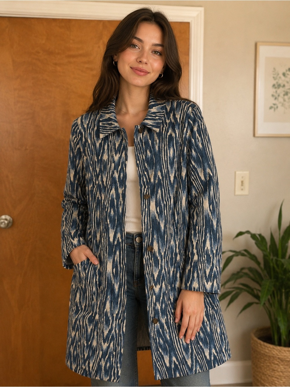 J. McLaughlin Blue and White Ikat-Style Trench Coat